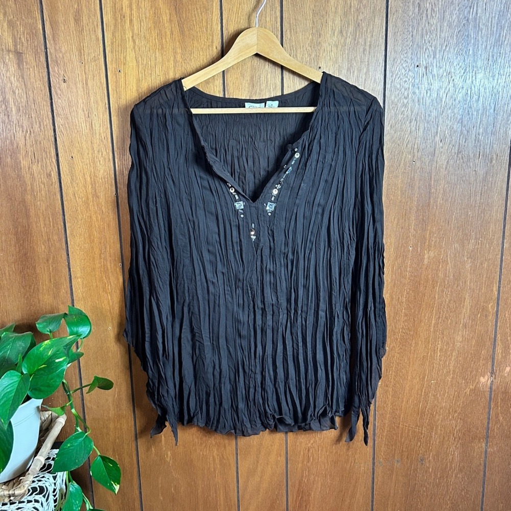 Vintage Cato Women Brown Crinkle V Neck Long Sleeve Beaded Button Up Blouse
